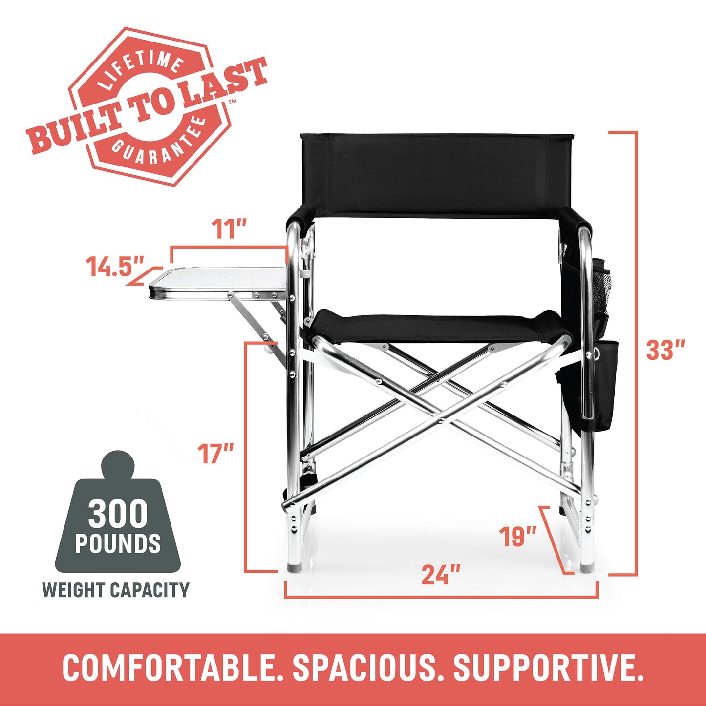 PICNIC TIME Sports Chair with Side Table and Armrest Caddy, Lightweight Aluminum Folding Outdoor Camping Chair for Adults, Portable Director Style Lawn Seating with Pockets & Strap, (Hunter Green)
