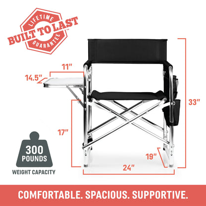 PICNIC TIME Sports Chair with Side Table and Armrest Caddy, Lightweight Aluminum Folding Outdoor Camping Chair for Adults, Portable Director Style Lawn Seating with Pockets & Strap, (Hunter Green)