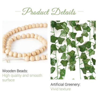 Mkono Hanging Fake Vines for Bedroom Wall Decor Artificial Plant Leaves with Wood Beads Set Indoor Greenery Ivy Garland for Living Room Apartment Christmas Wedding Party Teen Girl Room