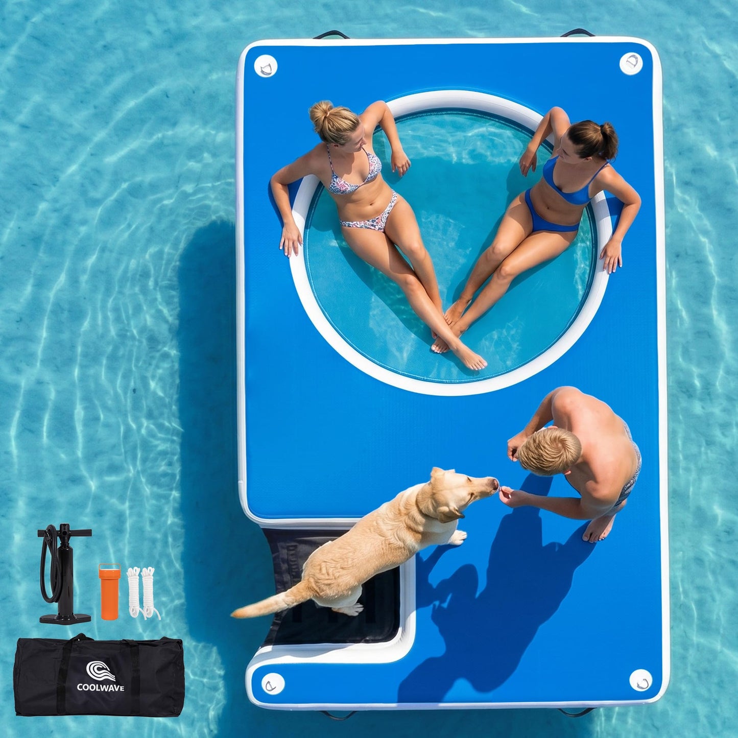 COOLWAVE Inflatable Floating Dock 10x6FT Dog Boat Ramp, Extra Large Floating Dog Dock with Water Hammock for Pool Lake Beach, Heavy Duty Lake Floats for Adults and Pets, 700LBS Load Capacity