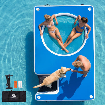 COOLWAVE Inflatable Floating Dock 10x6FT Dog Boat Ramp, Extra Large Floating Dog Dock with Water Hammock for Pool Lake Beach, Heavy Duty Lake Floats for Adults and Pets, 700LBS Load Capacity