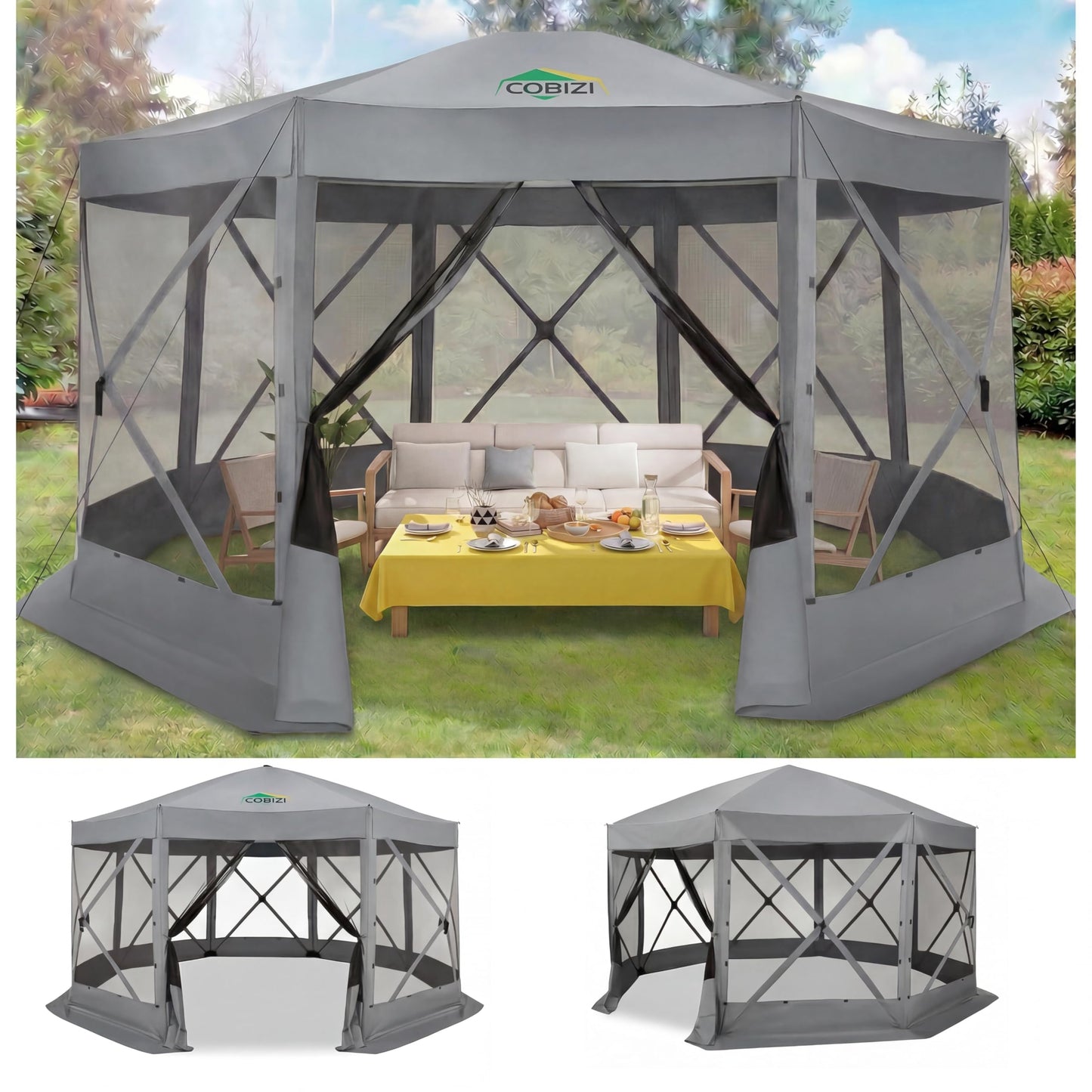 COBIZI Pop Up Gazebo Screen Tent Screen House for Camping, 15x15 Screen Room with Mosquito Netting, Hub Tent Instant Screened Canopy with Carrying Bag and Ground Stakes, Gray