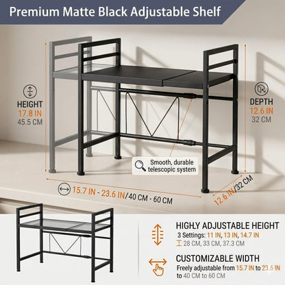 PUSDON Textured Black Microwave Oven Rack, Expandable 2-Tier Kitchen Countertop Organizer, Heavy Duty Carbon Steel Stand with 3 Hooks, Adjustable Height & Length
