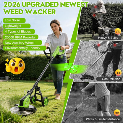 Skiennix 20000 RPM Electric Weed Wacker - Cordless 12" Brushless Grass Trimmer with 4-in-1 Functionality & 2 Batteries