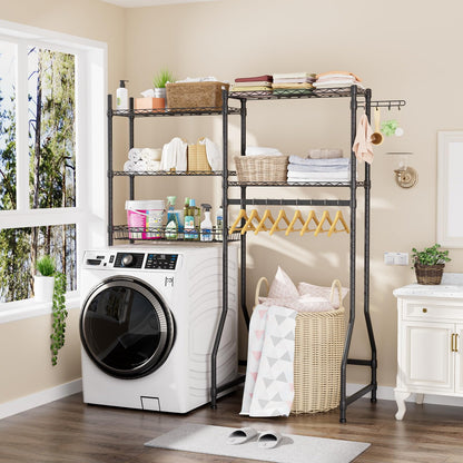 Golpart Over Washer and Dryer Shelves,Heavy Duty Laundry Room Storage Organization Clothes Drying Rack,5 Tier Adjustable Height Wire Shelving and Wire Basket with Hanger Rod&Hook,Space Saving Shelf