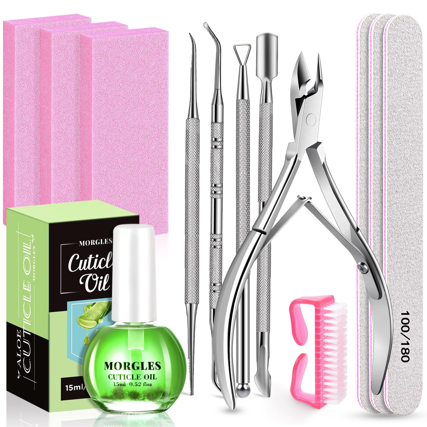 MORGLES Nail File and Buffer Blocks with Nail Care Kit, 13 Pcs Manicure Kit for Women with Milk and Honey Cuticle Oil and Cuticle Trimmer Set