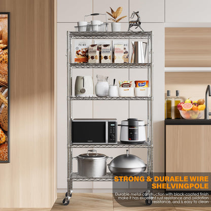 YNN Storage Shelves,1750Lbs 5 Tier Heavy Duty Metal Rolling Shelving Unit with Wheels & 8 Hooks, Adjustable Garage Wire Rack for Kitchen, Bathroom,Industrial,Pantry(36" W x 14" D x 72" H, Chrome)