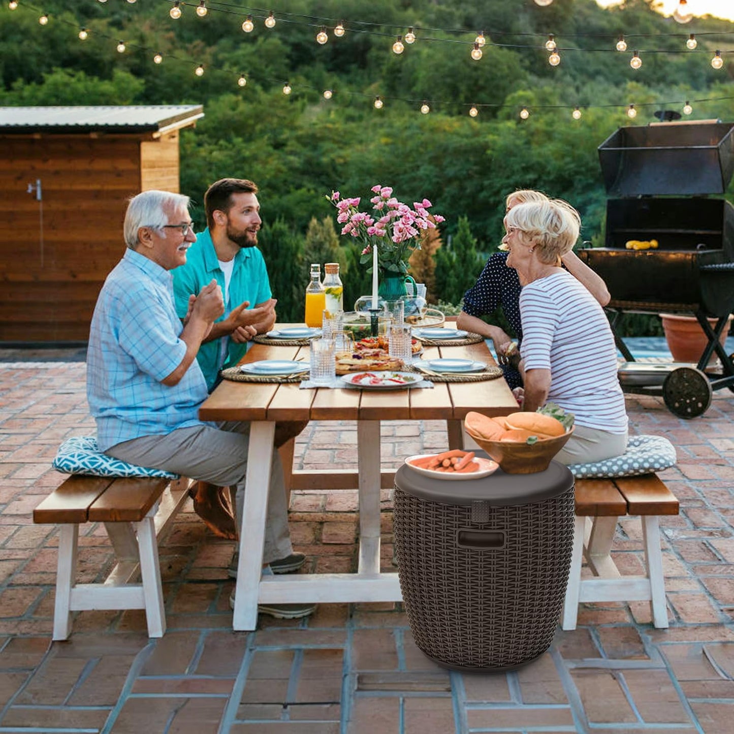 Outdoor Ice Cooler Side Table, 9.5 Gallon Beer and Wine Cooler for Patio Party, Portable Bar Table Rattan Pattern Round Portable Ice Chest, Patio Furniture & Beverage