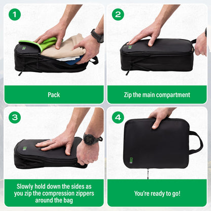 COR Surf Carry On Travel Backpack Bundle | Island Hopper Travel Backpack with Toiletry Bag and Compression Packing Cube Set (28L 2.0, Black with Green Zipper)