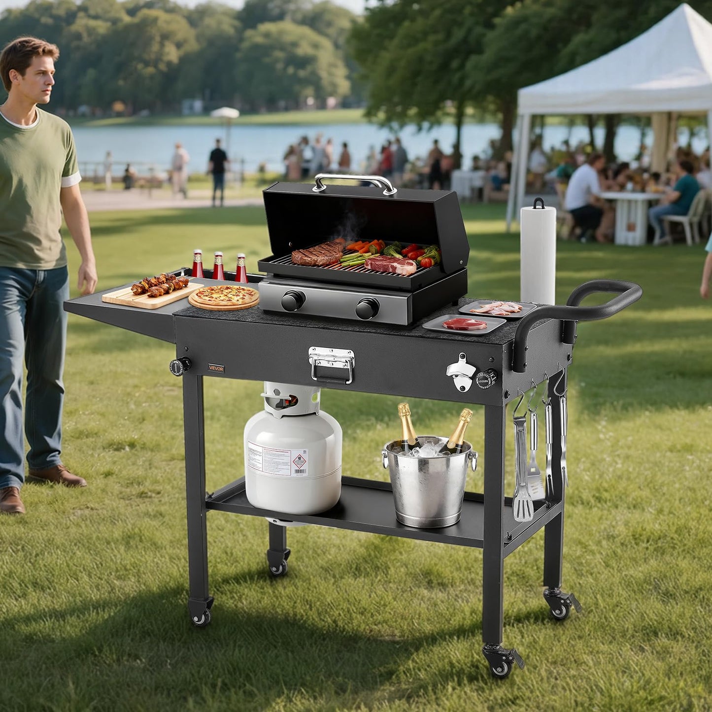 VEVOR Outdoor Grill Cart, 31.0 x 17.0 inch Tabletop Size Grilling Table, Foldable Outdoor Cooking Table with Tissue Holder, Hooks, Wheels, Side Table, BBQ Prep Tables for Picnic, Kitchen, Courtyard