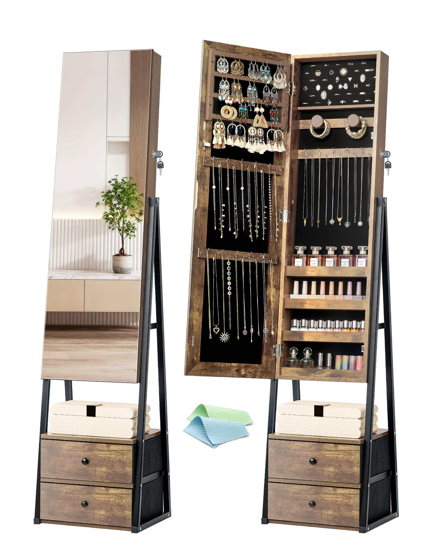Nicetree Jewelry Cabinet,Standing Jewelry Mirror with Storage, Mirror Jewelry Armoire with 2 Drawers, Full Length Mirror with Lock, Shelf, Polishing Cloth,Wood Grain Brown