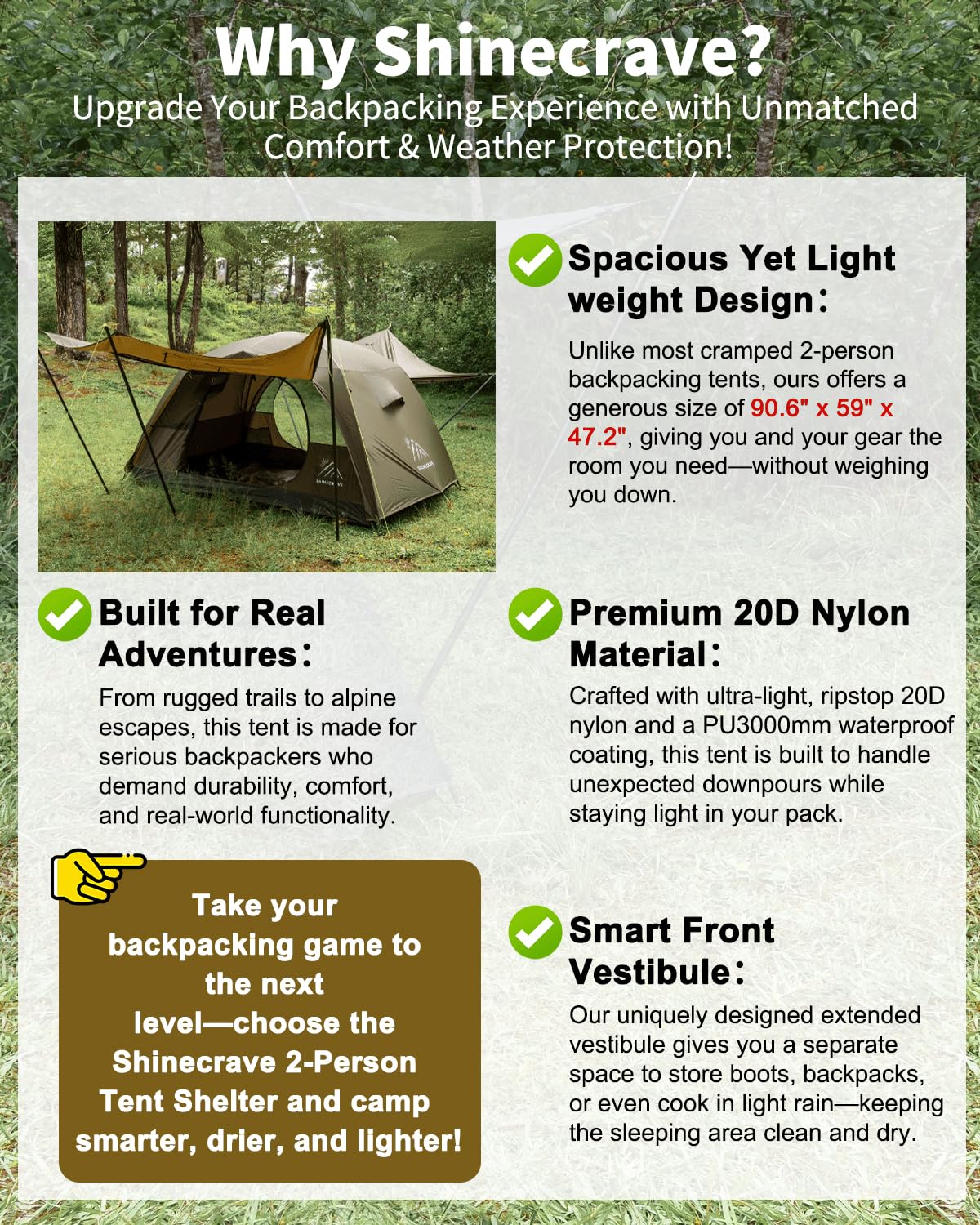 Camping Tent 2 Person,Ultra Large Capacity, 3 Season Backpacking Tent 2 Person, PU3000mm, Free Standing,Lightweight,Ideal for Camping, Hiking, Glamping, Mountaineering (Army Green)