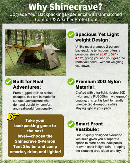 Camping Tent 2 Person,Ultra Large Capacity, 3 Season Backpacking Tent 2 Person, PU3000mm, Free Standing,Lightweight,Ideal for Camping, Hiking, Glamping, Mountaineering (Army Green)