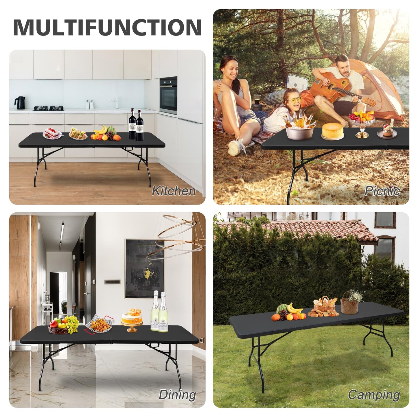 LSKSSNG Portable 8Ft Folding Table, Heavy Duty Plastic Fold-in-Half Utility Foldable Dining Table, Multi-Purpose Plastic Folding Table with Carrying Handle for Camping and Party Indoor/Outdoor (Black)