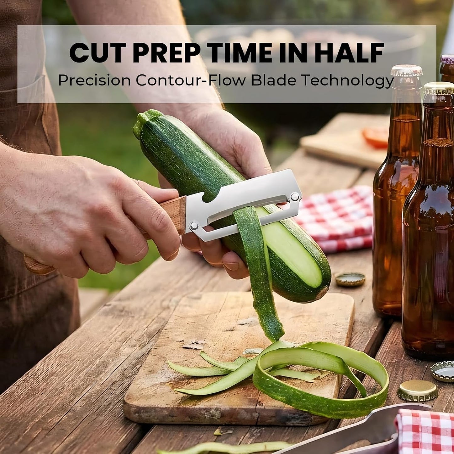 Sakerplus Multifunctional Vegetable Peeler - Premium Stainless Steel Blade with Wooden Handle & Bottle Opener