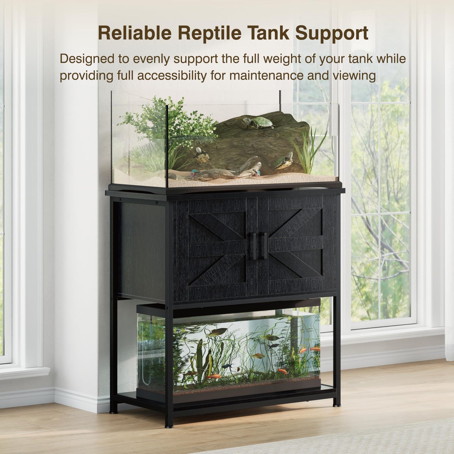 Hylemoros 20/29/30 Gallon Fish Tank Stand with Storage Cabinet Farmhouse Wood Aquarium Stand for Fish Reptile Heavy Duty Terrarium Stand for Living Room Entry Way Hallway Black