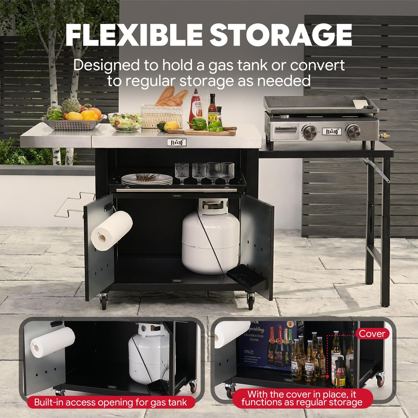Feasto Outdoor Kitchen Island with Cabinet, Outdoor Grill Table with Stainless Steel Top for Pizza Oven& Griddles, Movable Bar Cart with Pull-Out Plate for Parties& Gathering, Heavy-Duty, L74”x W24”