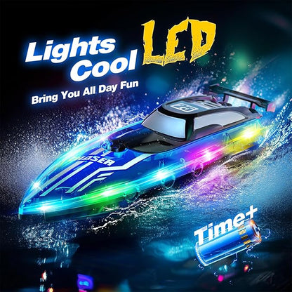 RC Boat for Kids with LED Lights 2.4Ghz Remote Control Racing Boats for Ages 8-12Toy Water Boat for Pools &amp Lakes with WaterproofRechargeable Battery for Boys Girls Blue