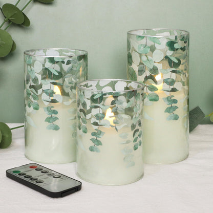 Immeiscent Green Glass Flameless Candles Remote Timer Eucalyptus Leaves Greenery Design Battery Operated Flicker Pillar Candle for Wedding Centerpiece Spring Easter Farmhouse Home Decoration, Set of 3