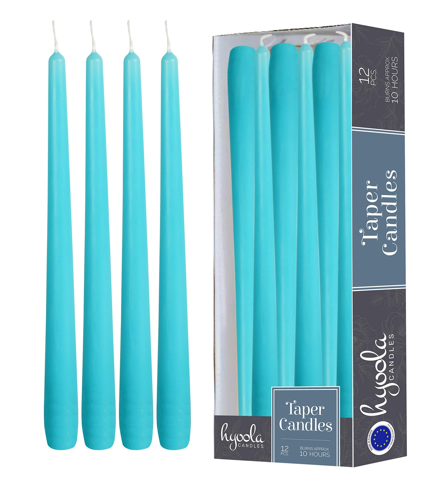 12 Pack Tall Taper Candles - 12 Inch Light Blue - Turquoise Dripless, Unscented Dinner Candle - Paraffin Wax with Cotton Wicks - 10 Hour Burn Time