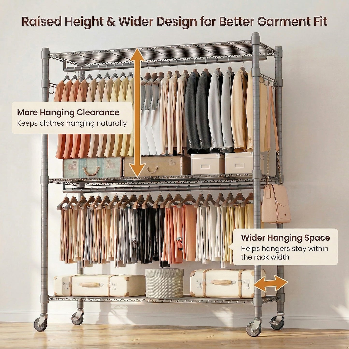 Homdox Rolling Clothes Rack Heavy Duty, 3-Tier Adjustable Wire Shelving Garment Organizer with Double Rods & Hooks, Portable Clothes Rack with Wheels, 17.72" D x 47.24" W x 80.71" H, Grey