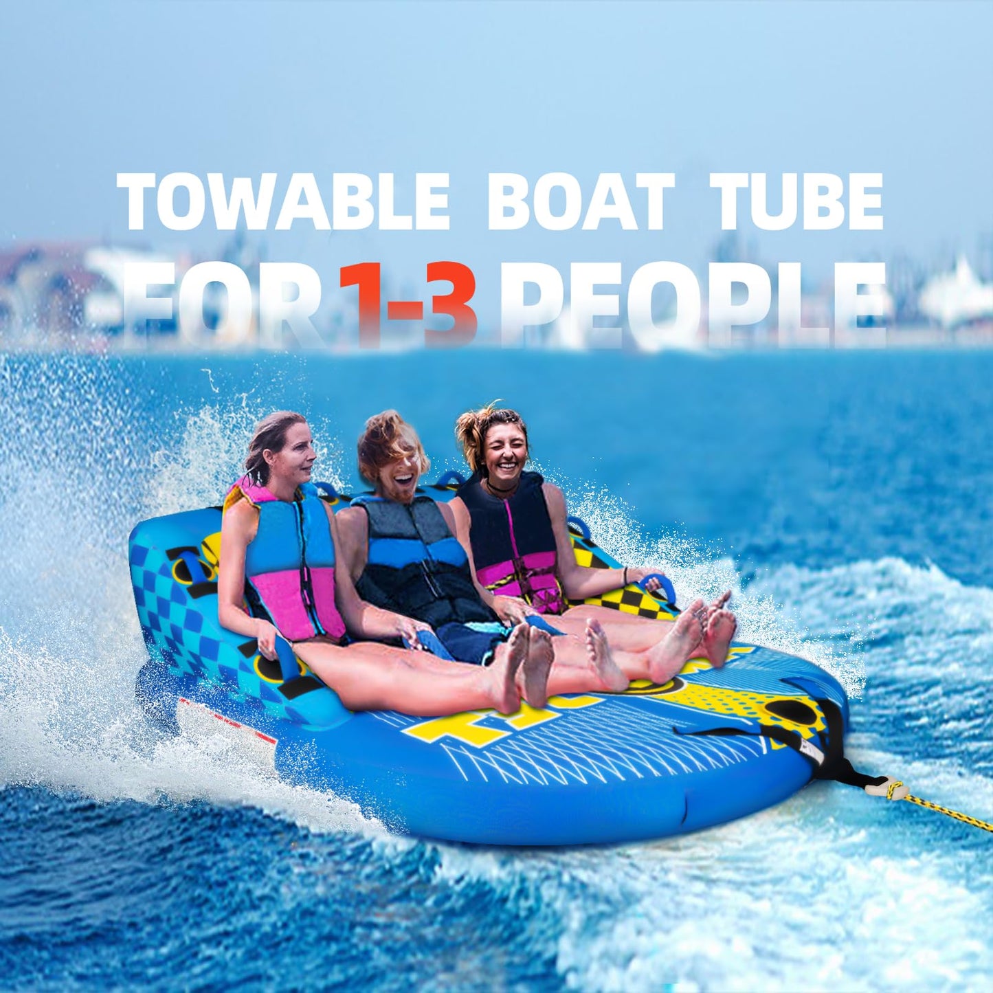 KMJETNIVY Towable Tubes for Boating Person,Pull Tube, Super Sofa Tubes for Boats,Inflatable Boat Tube,Front&Back Tow Points w/Heavy-Duty Thick Nylon Cover for Water Sports (3)