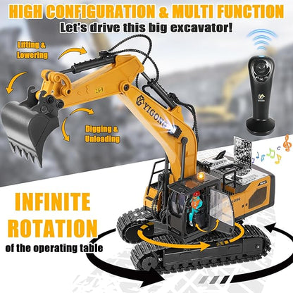 Remote Control Excavator for Boy 6 7 8 9 Years Old 2.4 GHz Gravity Controlled Excavator Toys with Lights Sound Rechargeable 11 CH RC Construction Vehicles Metal Shovel Gifts for Kids 6-12 Year Old