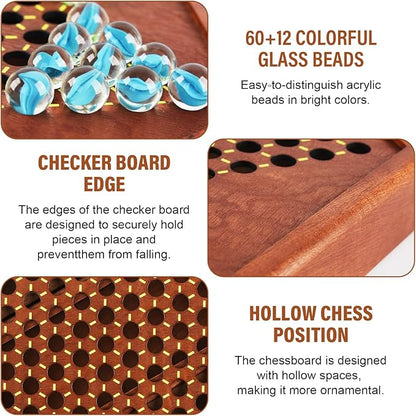 12.7 Inches Wooden Chinese Checkers Set with Storage Drawer -60 Glass Marbles in 6 Colors -12 Bonus Spare Marbles| Chinese Checkers Board Game for Kids and Adult