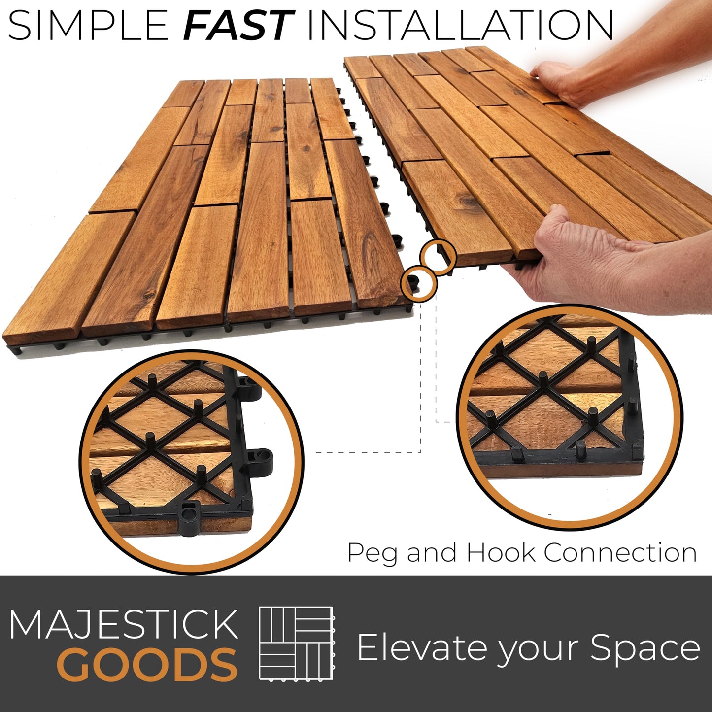 Majestick Goods Interlocking Longboard Deck Tiles, Acacia Wood Interlocking Deck Tiles - Easy Install for Patio Flooring & Walkways with Raised Base Drainage, 24 x 12 x 0.9 in. (12 Count)