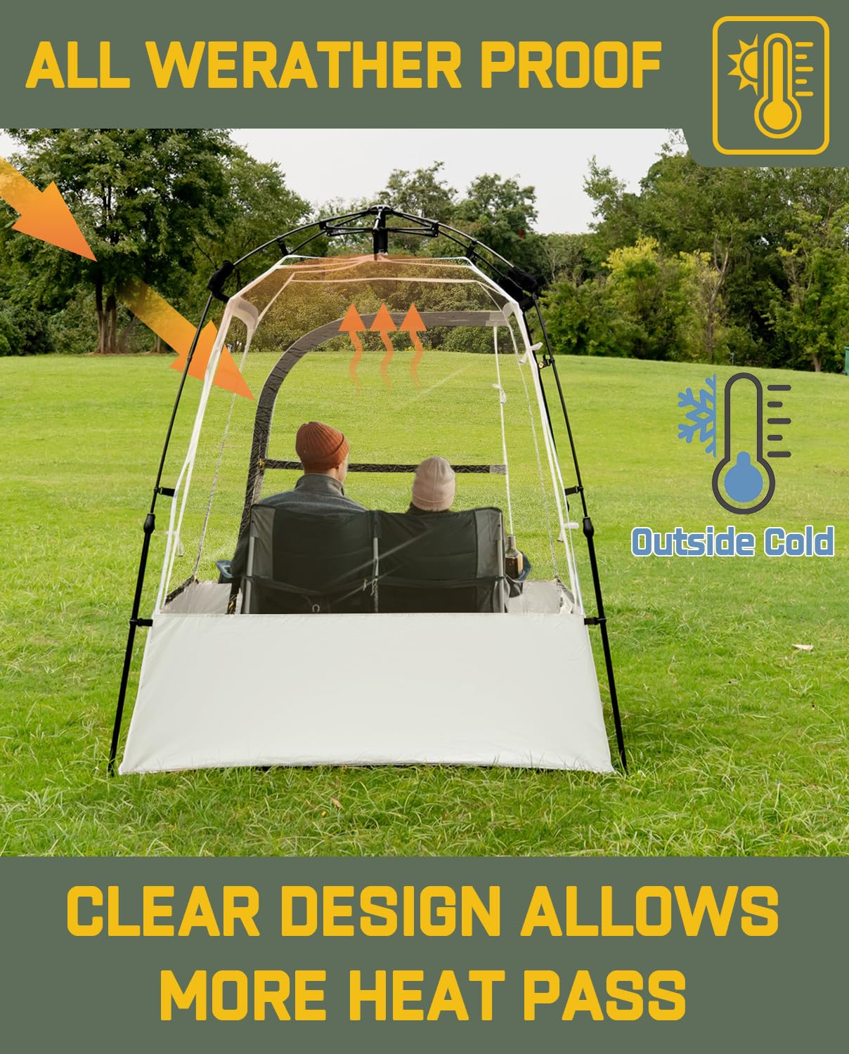 LANGWILL Pod All Weather Sports Tent, Outdoor Pop Up Bubble Clear 540° View Winter Tent for 1-2 Person, Instant Cold Weather Shelter with Rainfly for Soccer, Football, Softball & Other Sports Events