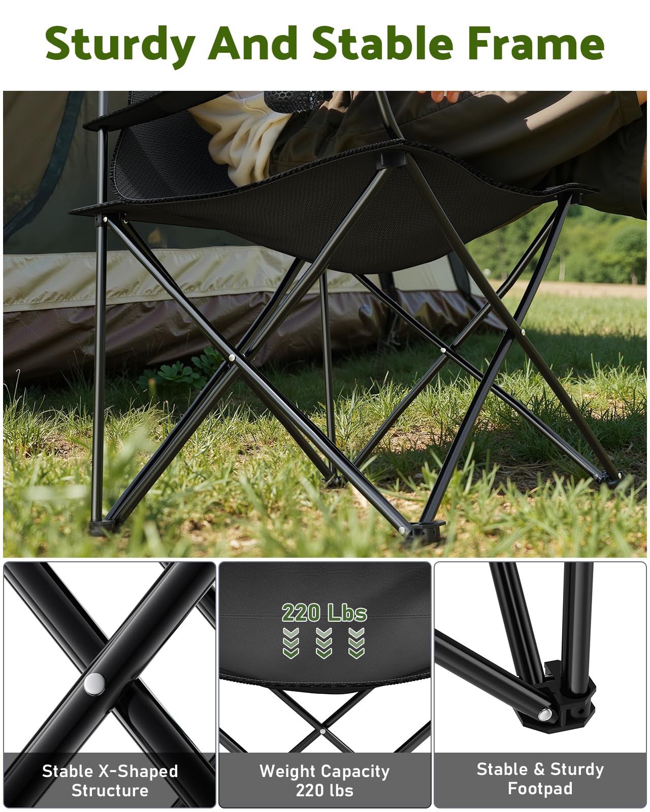 YSSOA Portable Folding Black Camping Chair, 2-Pack