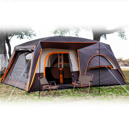 KTT Extra Large Tent 12 Person,Family Cabin Tents,Full Rainfly,2 Bay-Windows,2 Rooms and 3 Doors 3 Windows with Mesh,Waterproof,Straight Wall,Double Layer,Big Tent for Outdoor,Picnic,Camping(Brown)