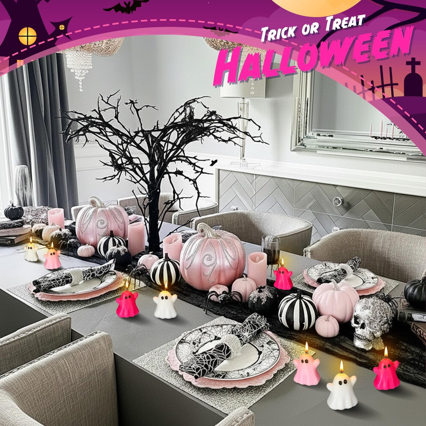 DoubleFill 12 Pcs Pink Halloween Ghost Candles Cute Burning Unscented Wax Candles Hot Pink Ghost Spooky Decor for Halloween Holidays Party Bedroom Table Decorations
