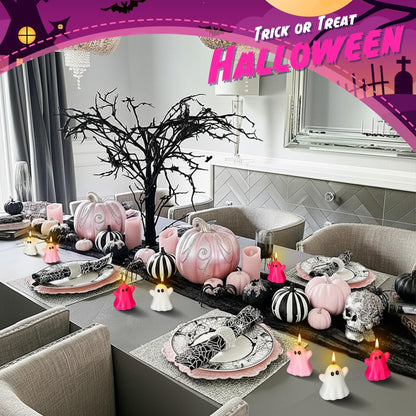 DoubleFill 12 Pcs Pink Halloween Ghost Candles Cute Burning Unscented Wax Candles Hot Pink Ghost Spooky Decor for Halloween Holidays Party Bedroom Table Decorations
