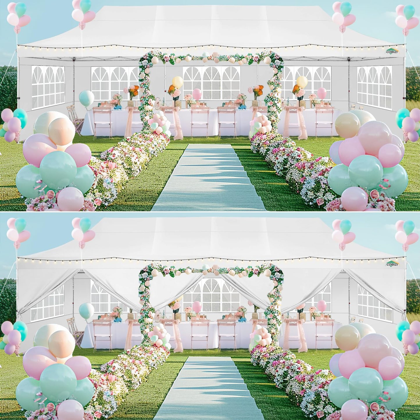 COBIZI 10x30 Pop up Canopy with Roller Bag & 8 Removable Sidewalls, Canopy Tent for Parties, Wedding, and Commercials, Waterproof and Instant Shelter UV50+ Outdoor Gazebo with 4 Sandbags(White)