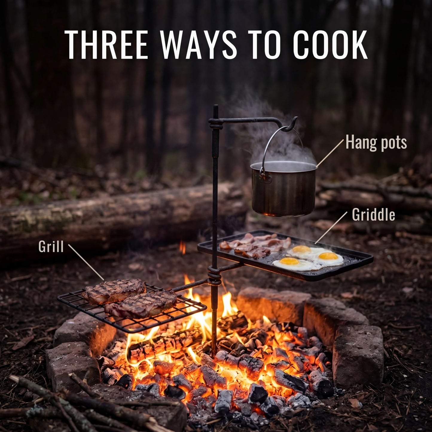 BATTLBOX Bushcraft Grill Set, Steel Campfire Cooking Grate Swivel Grill For Outdoor BBQ Open Fire, Packable Campfire Cook Set, Heavy Duty Open Fire Swivel Camping Cooktop, Canvas Bag