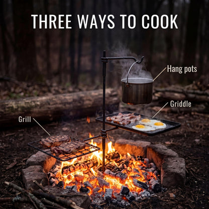 BATTLBOX Bushcraft Grill Set, Steel Campfire Cooking Grate Swivel Grill For Outdoor BBQ Open Fire, Packable Campfire Cook Set, Heavy Duty Open Fire Swivel Camping Cooktop, Canvas Bag