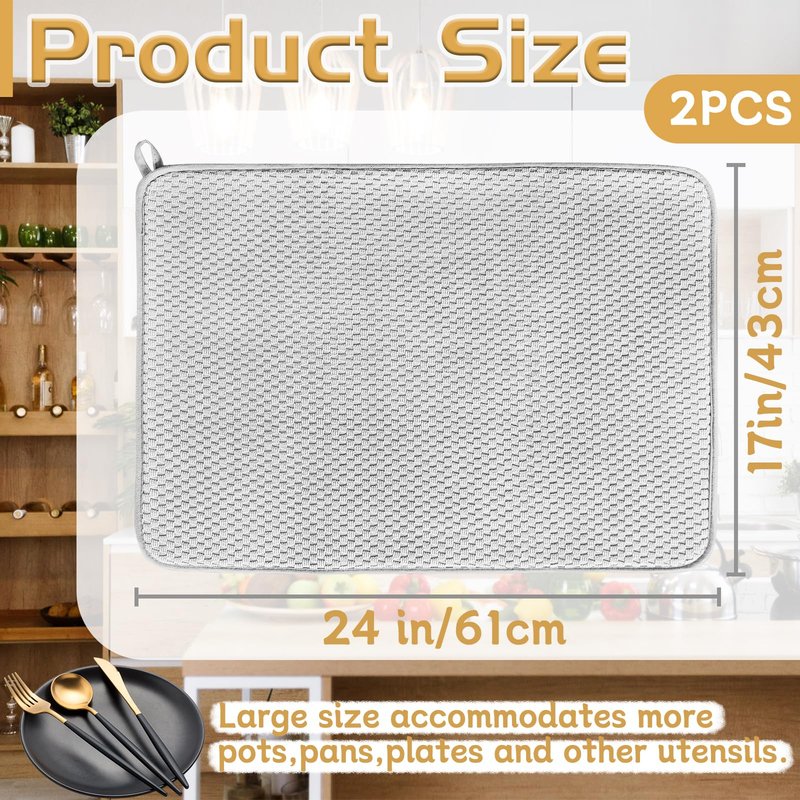 2 Pack Microfiber Dish Drying Mat,24x17" Large Size Highly Absorbent Dish Drainer Mat,Kitchen Counter Quick Dry Pads for Under Sink,Coffee Rack(Gray)