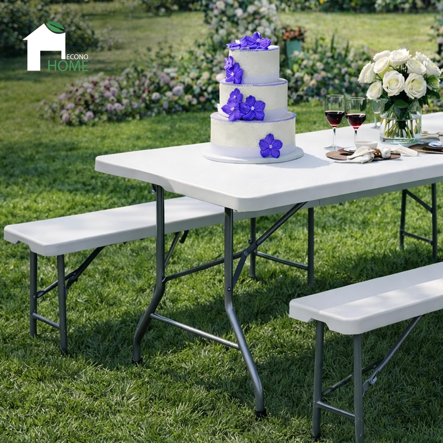 EconoHome 6 Ft White Plastic Folding Table Set with 2 Benches – Heavy-Duty Picnic Table & Bench Set, Space-Saving, Indoor/Outdoor, Seats 6-8, Easy Storage & Transport