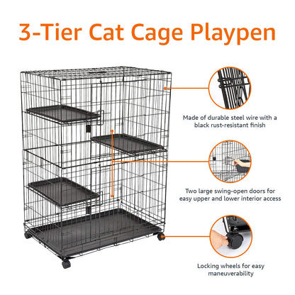 Amazon Basics Large 3-Tier Cat Cage Playpen with Easy to Clean Removable Tray, Front Doors, Portable, Foldable, 35.8" x 22.4" x 50.6", Black