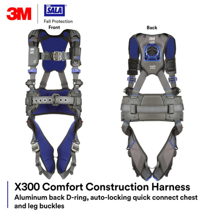 3M 1403071 DBI-SALA ExoFit X300 Comfort Construction Safety Harness Fall Protection, OSHA, ANSI, Lightweight Aluminium Back D-Ring, Auto-Locking Quick Connect Chest and Leg Buckles, Medium