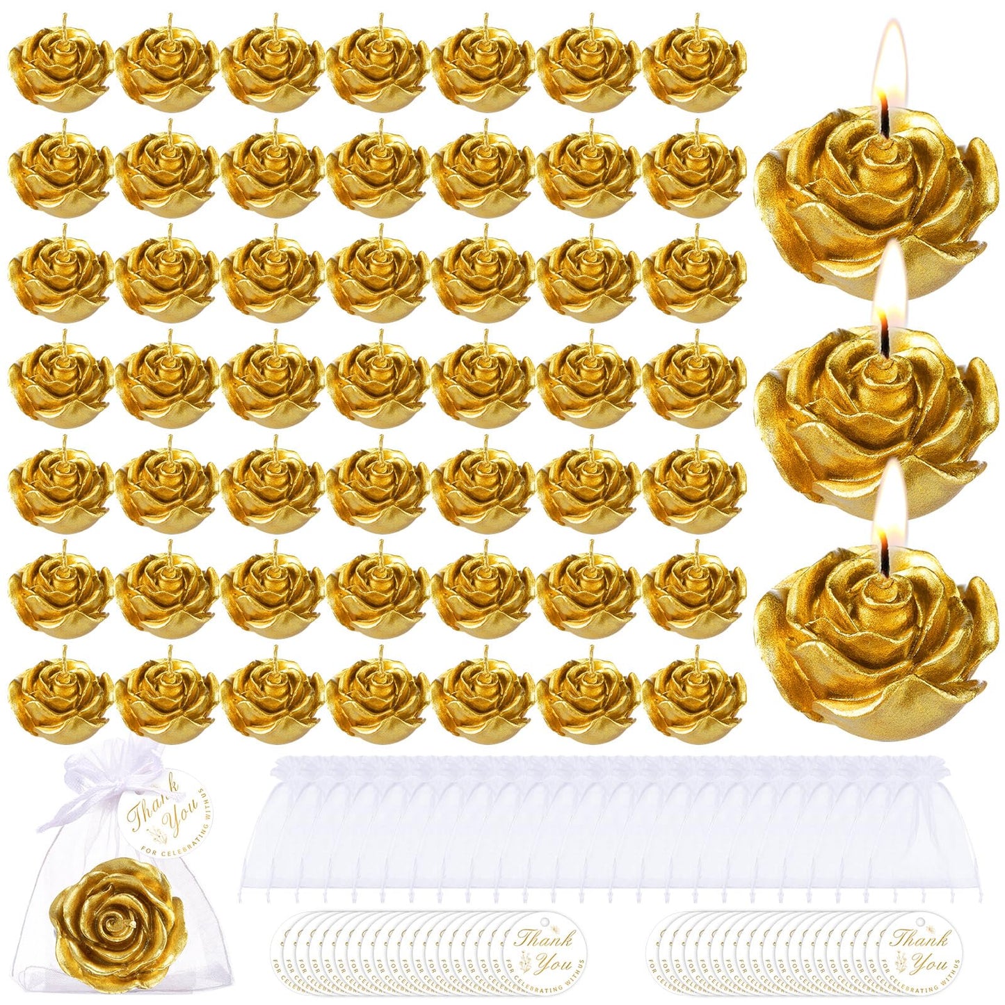 Treela 50 Set Flower Candles Wedding Favor for Guests Mini Gold Rose Shaped Tealight Candles for Return Gift Wedding Birthday Bridal Shower Housewarming Party