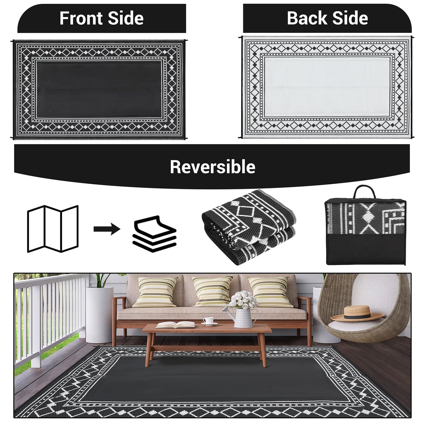 GlowSol 10x14 Outdoor Rug Waterproof Reversible Camping Mat, Plastic Straw Rug for RV Deck Backyard Porch Balcony Lawn & Beach, Easy Cleaning Outdoor Patio Rugs for Outside Decor, Black/White