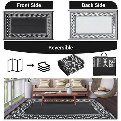 GlowSol 10x14 Outdoor Rug Waterproof Reversible Camping Mat, Plastic Straw Rug for RV Deck Backyard Porch Balcony Lawn & Beach, Easy Cleaning Outdoor Patio Rugs for Outside Decor, Black/White
