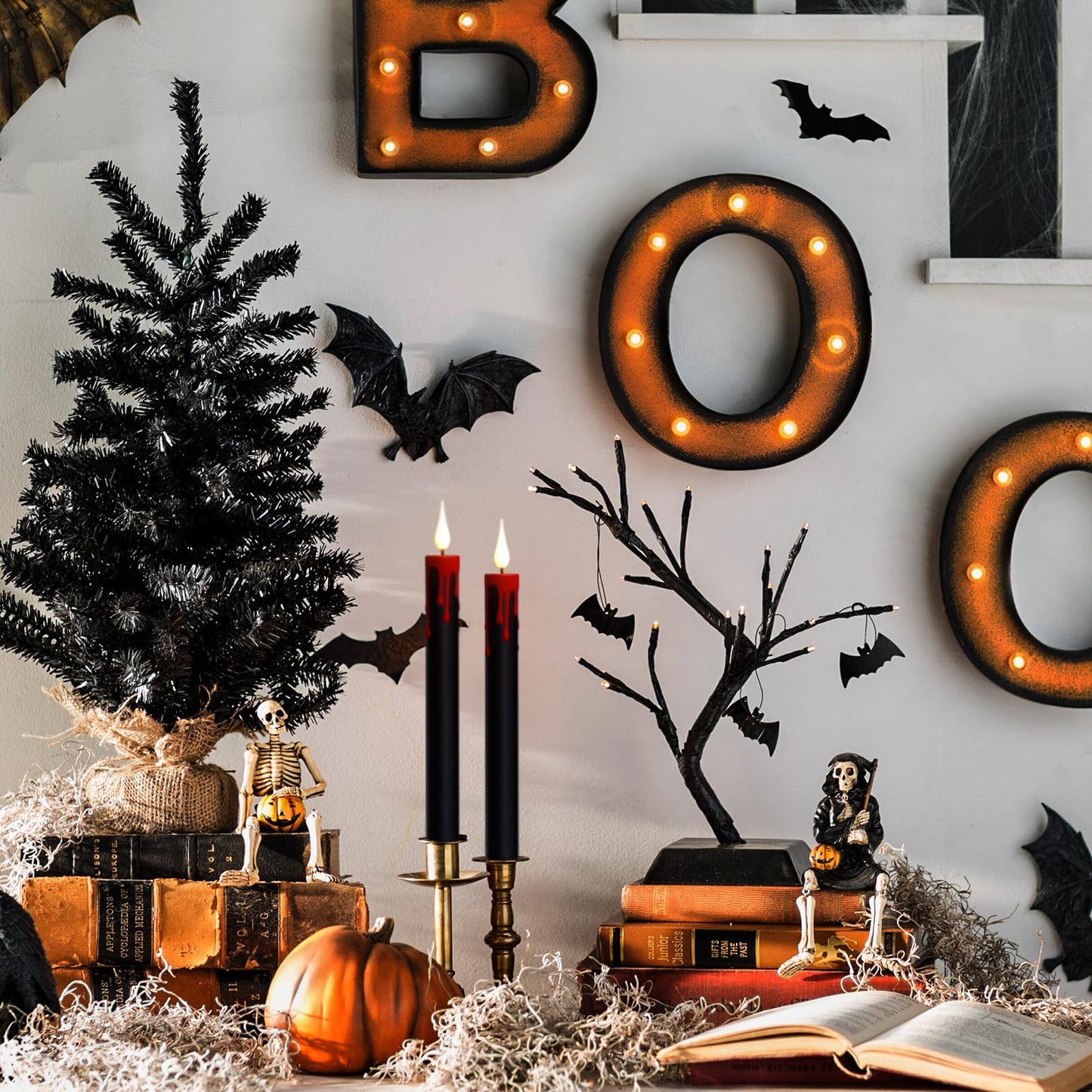 Wondise Halloween Flameless Taper Candles with Remote and Timer, Battery Operated 3D Wick Flickering with Blood Dripping Halloween Candles for Spooky Horror Home Halloween Decoration