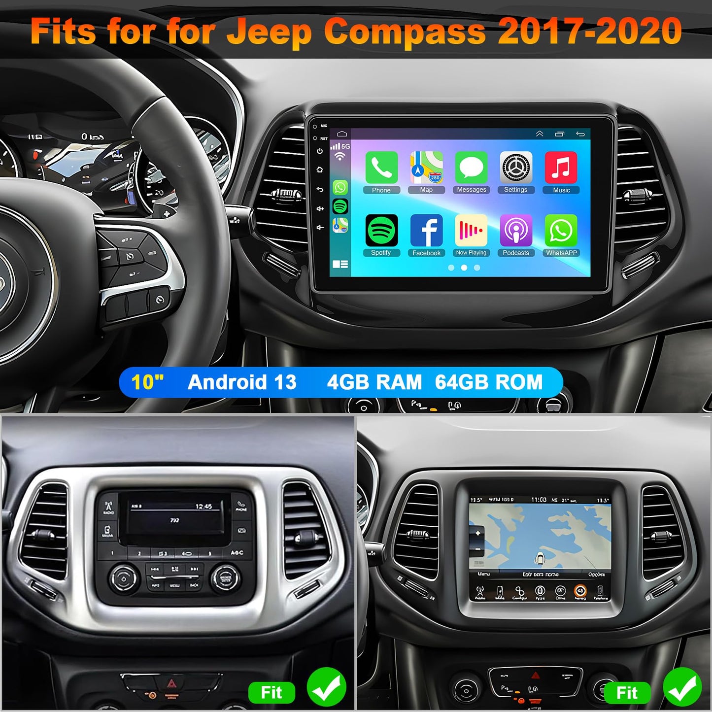4G+64G Bluetooth Car Radio for Jeep Compass 2017-2020, 10 inch 5GWi-Fi 1280 * 800HD 32EQ Touch Screen Stereo with CarPlay Android Auto SWC +Backup Camera, GPS Navigation