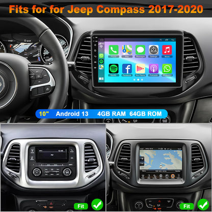 4G+64G Bluetooth Car Radio for Jeep Compass 2017-2020, 10 inch 5GWi-Fi 1280 * 800HD 32EQ Touch Screen Stereo with CarPlay Android Auto SWC +Backup Camera, GPS Navigation