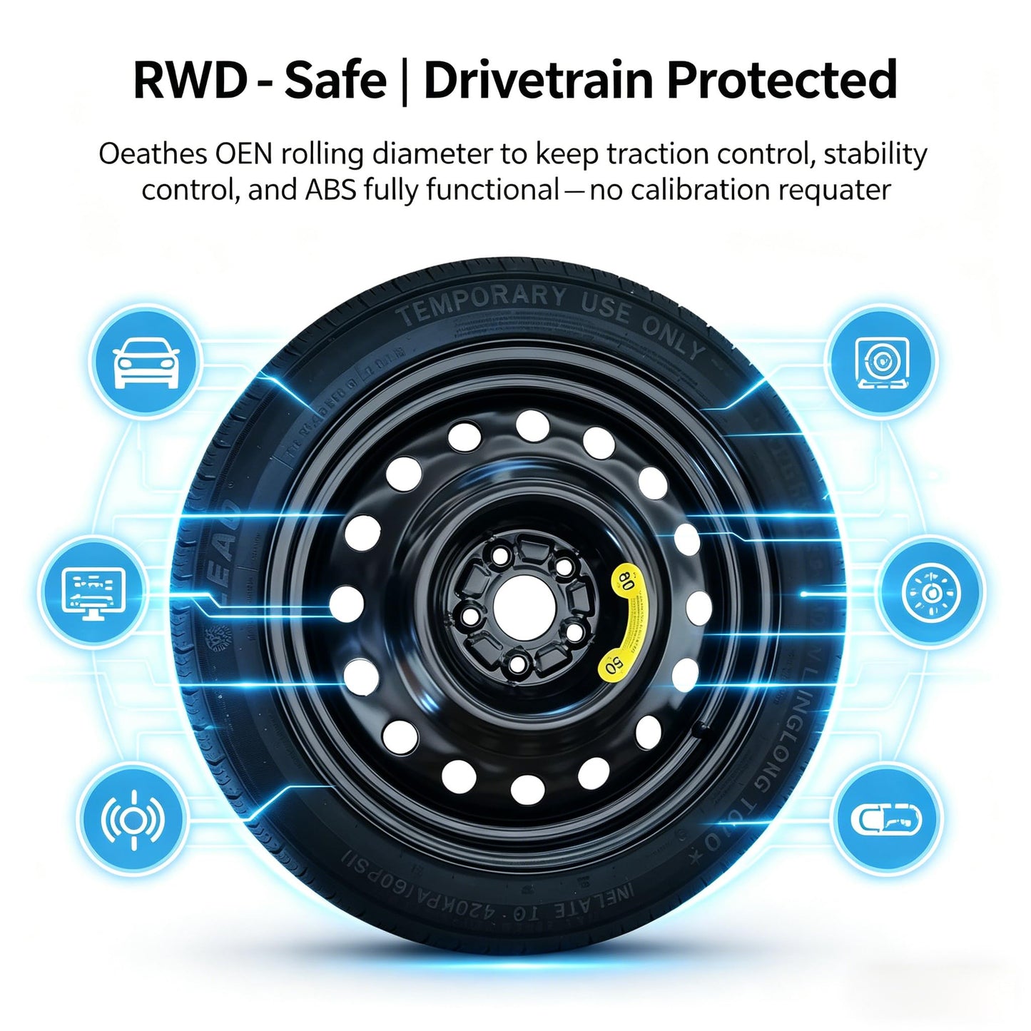Spare Tire Kit Compatible with Chevrolet Camaro 2016-2024 | 135/80R18 Spare Wheel on 18x4 Rim| 26.5" Rolling Diameter | Includes Car Jack Kit & Tire Carrying Case Excluding (SS,LT1, ZL1, 1LE) Models