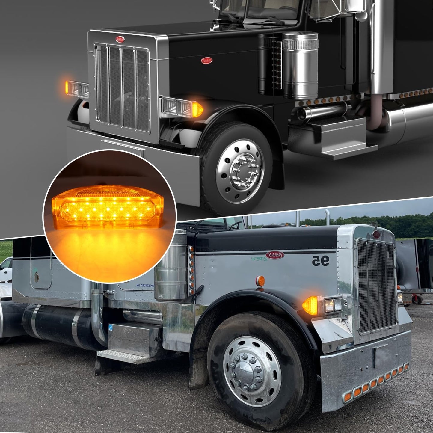 BOLANTON 2Pcs Amber Headlight 39 LED Turn Signal Indicators Running Lights, Front Park Light with 3 Wires Replacement Fit for Peterbilt 379 359 357 365 378
