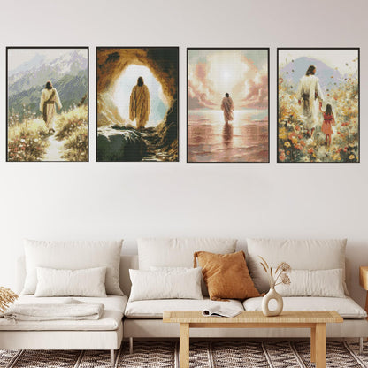 Sitsink Jesus Diamond Art Kits for Adults - Full Drill Jesus Walking on Ocean Beach Christian Diamond Painting, 5D Gem Art Canvas Set Religious Christ Holiday Gifts for Women (4 Sheets)